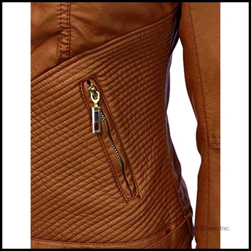 Slim Fit Vegan Leather Moto Jacket Women's Faux Leather Biker Coat - Picture 6 of 7